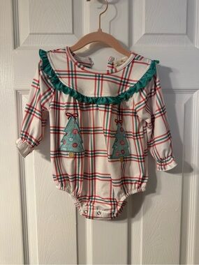 Festive Plaid Baby One-Piece Bodysuit with Teal Ruffle